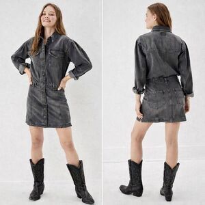 American Eagle Charcoal Denim Snap Front Shirt Dress Mini Western Acid Wash XS